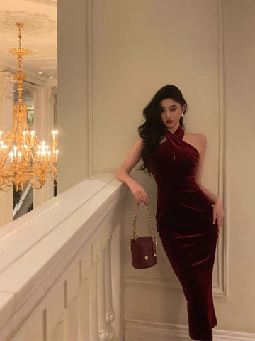 Sheath Halter Burgundy Date Night Dress Velvet Prom Dresses Party Dress Birthday Outfits SD814